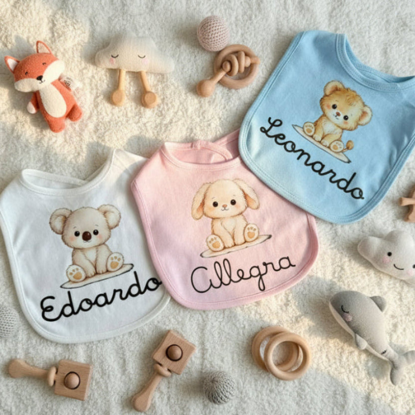 Bavaglino Neonato Personalizzato con Nome e Animaletti | Cotone 0-18 Mesi