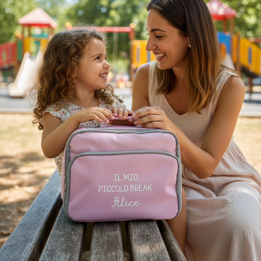 Borsa rosa personalizzata con mamma e bambina al parco