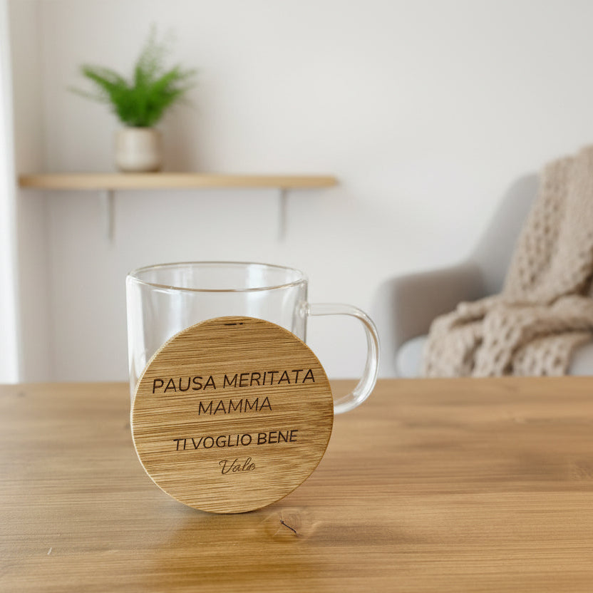 Tazza in Vetro Pausa Relax con Coperchio in Bambù Personalizzato
