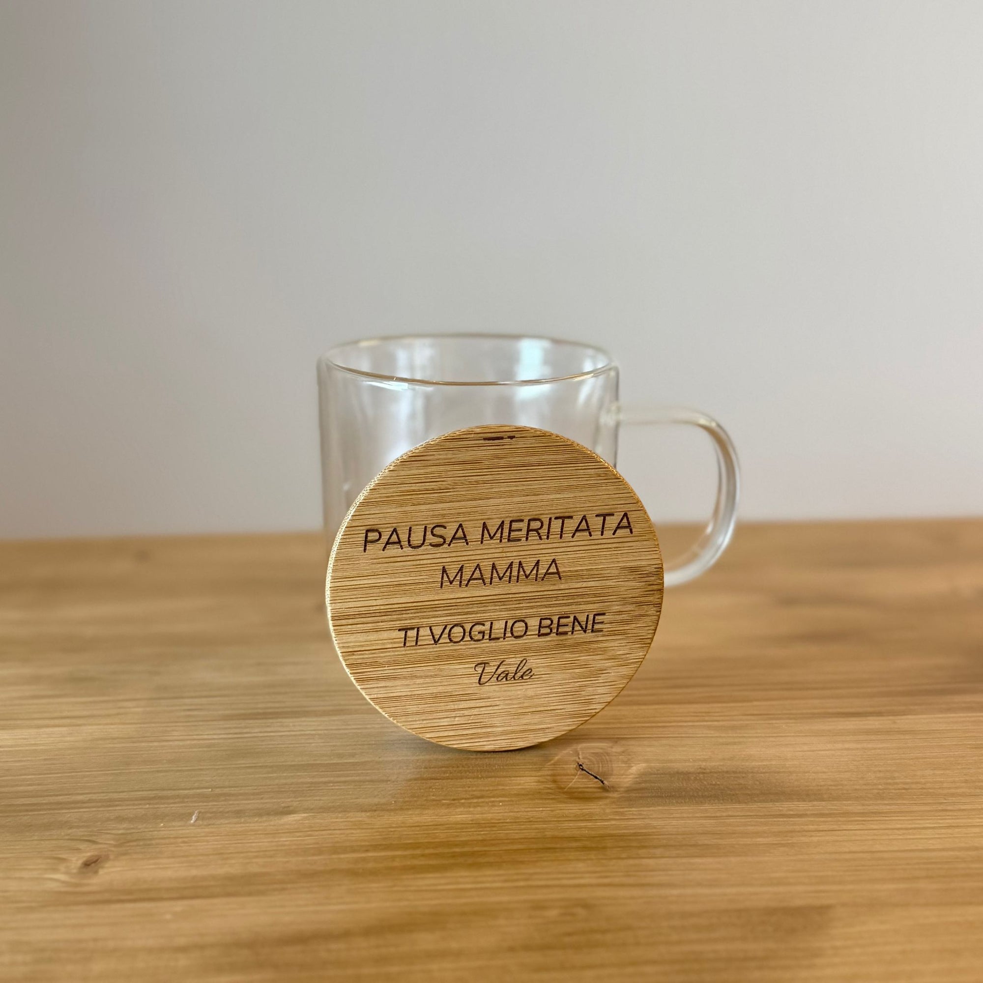 Tazza in Vetro Pausa Relax con Coperchio in Bambù Personalizzato
