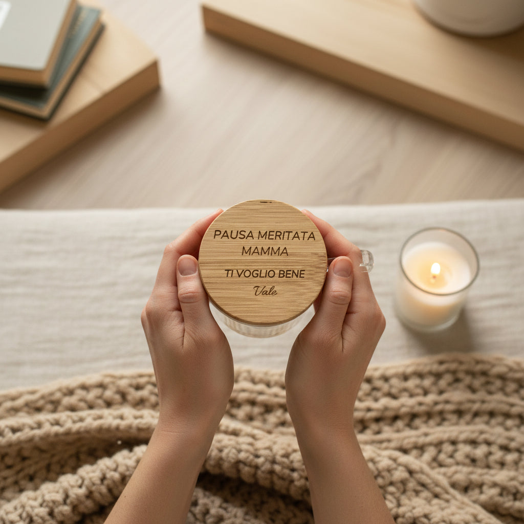 Tazza in Vetro Pausa Relax con Coperchio in Bambù Personalizzato