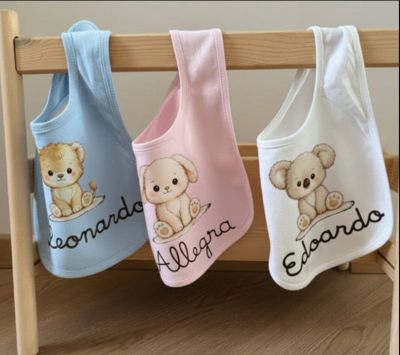 Bavaglino Neonato Personalizzato con Nome e Animaletti | Cotone 0-18 Mesi